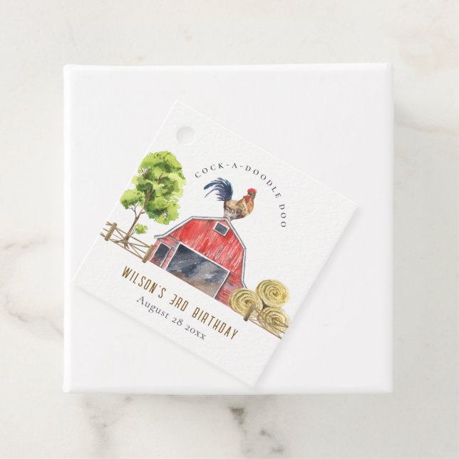 Étiquettes Cadeau Cute Barn Rooster Farm Anniversaire de enfant d'aq (En situation)