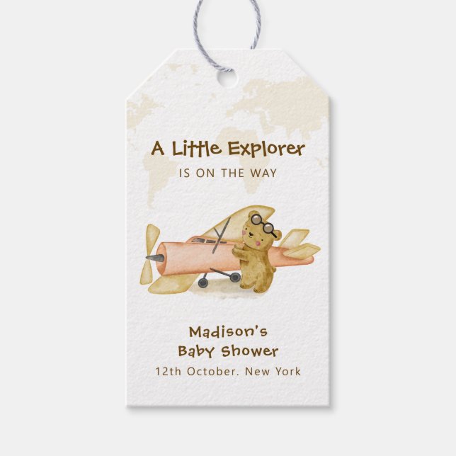 Étiquettes-cadeau Cute Bear Explorer World Map Airplane Baby Shower  (Devant)
