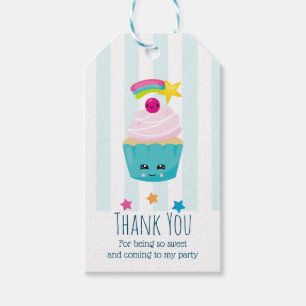 Étiquettes-cadeau Cute Blue Cupcake avec Kawaii Face Anniversaire Me