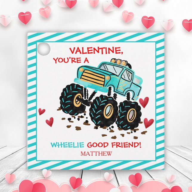 Étiquettes Cadeau Cute Blue Monster Truck School Valentine (Cute Blue Monster Truck School Valentine Favor Tags)