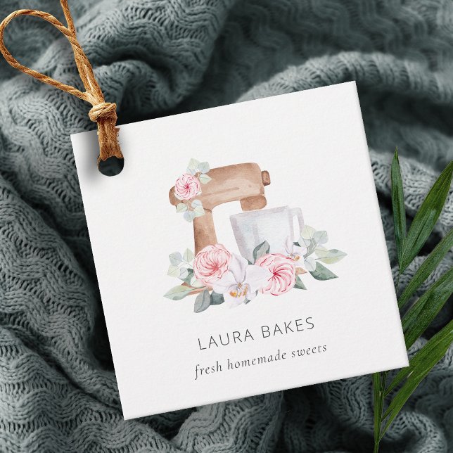 Étiquettes Cadeau Cute Blush Rose Floral Gâteau Mixer Boulangerie Re (Créateur téléchargé)