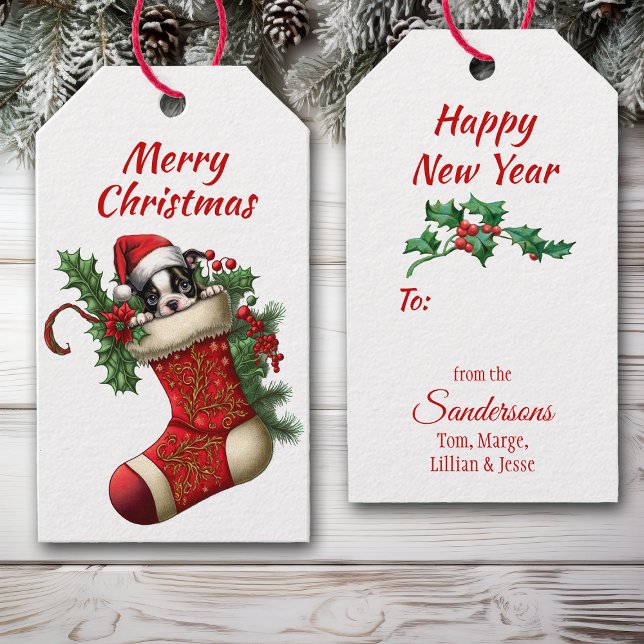 Étiquettes-cadeau Cute Boston Terrier Puppy Peeking (Créateur téléchargé)