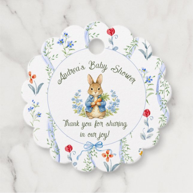 Étiquettes Cadeau Cute Bunny Boy Floral Blue Bow Baby Shower  (Devant)