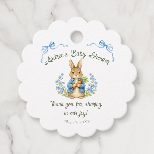 Étiquettes Cadeau Cute Bunny Boy Floral Blue Bow Baby Shower  (Devant)