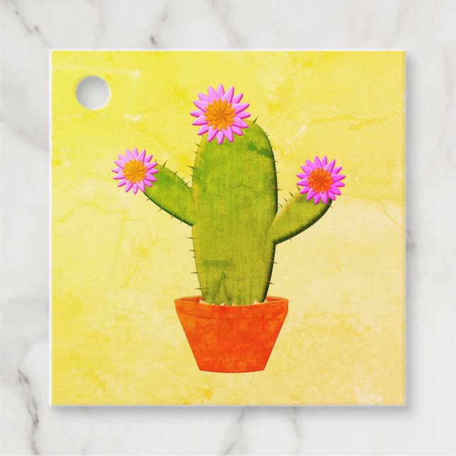 Étiquettes Cadeau Cute Cactus En Dessin Avec Peinture De Fleurs Rose (Devant)