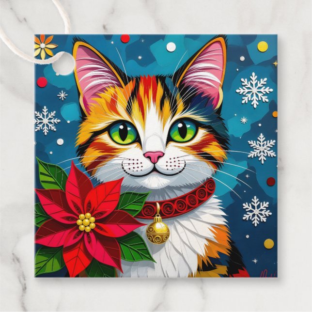 Étiquettes Cadeau Cute Calico Kitty Cat and Poinsettia Christmas (Devant)