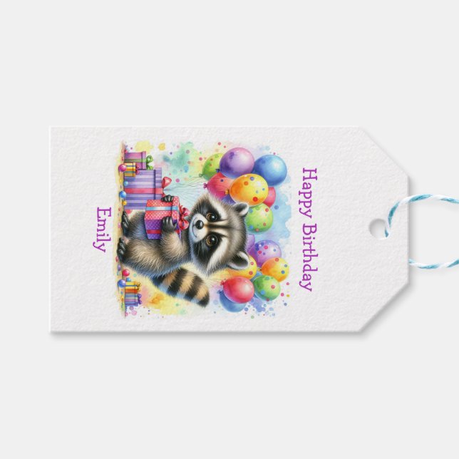 Étiquettes-cadeau Cute Cartoon Raccoon Anniversaire Personnalisé (Devant (Horizontal))