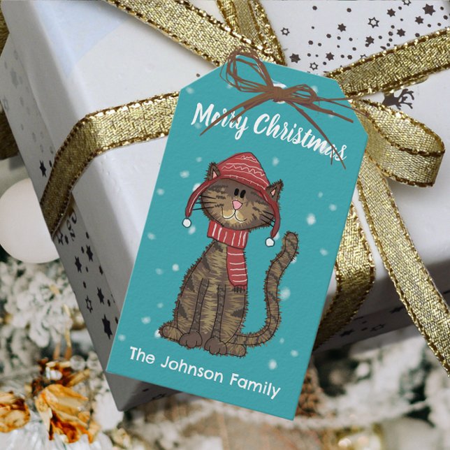 Étiquettes-cadeau Cute Chat Avec Casquette Noël Fête Personnalisée (Créateur téléchargé)