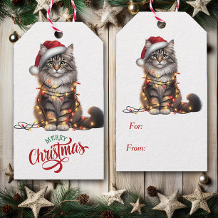 Étiquettes-cadeau Cute chat enveloppé dans les lumières de Noël