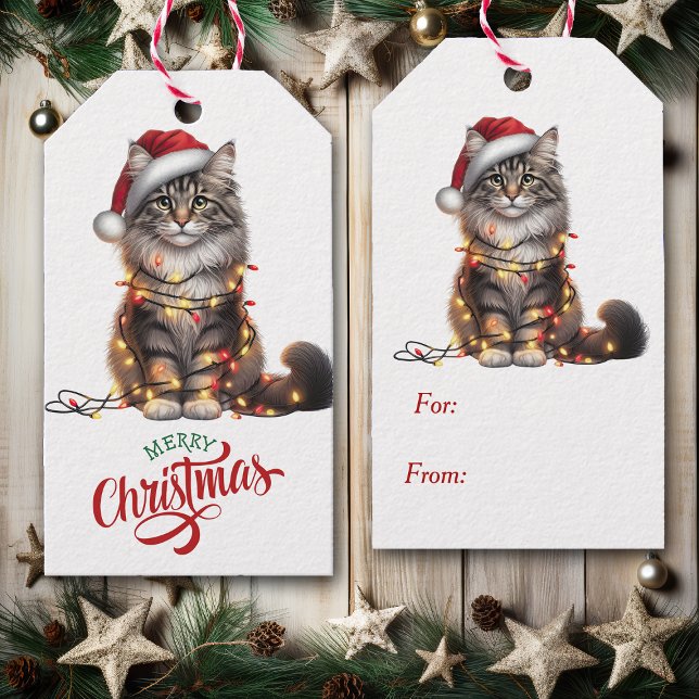 Étiquettes-cadeau Cute chat enveloppé dans les lumières de Noël (Créateur téléchargé)