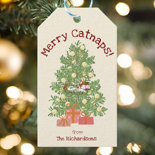 Étiquettes-cadeau Cute Chat sur Chistmas Tree Joyeux Catnaps! Crème