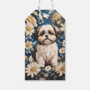 Étiquettes-cadeau Cute Chih Tzu Chien Blanc Fleurs De Faisée