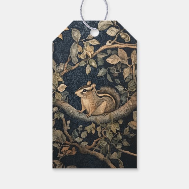 Étiquettes-cadeau Cute Chipmunk dans la forêt de style William Morri (Devant)