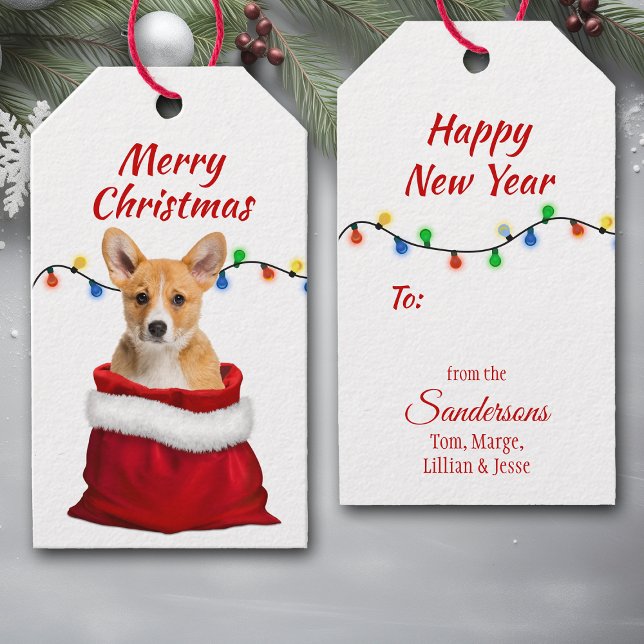 Étiquettes-cadeau Cute Corgi Chien chiot dans un sac Père Noël (Créateur téléchargé)