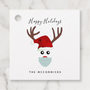 Étiquettes Cadeau Cute Covid 19 Reindeer de Noël Portant un masque f