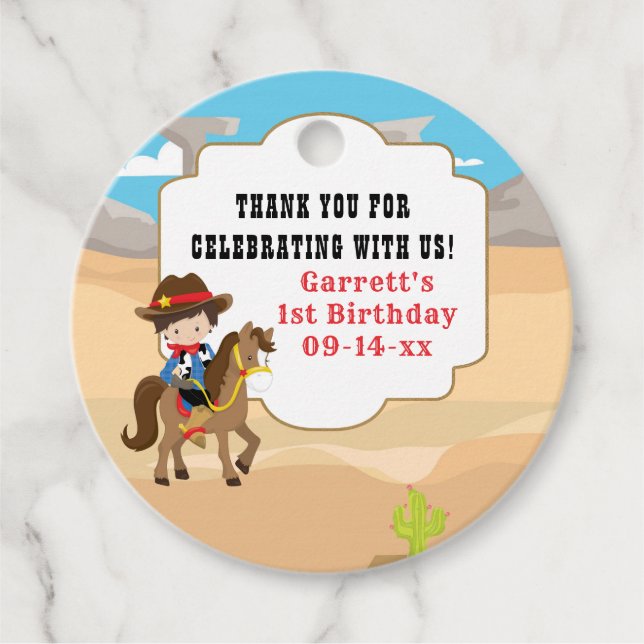 Étiquettes Cadeau Cute Cowboy 1er anniversaire (Devant)