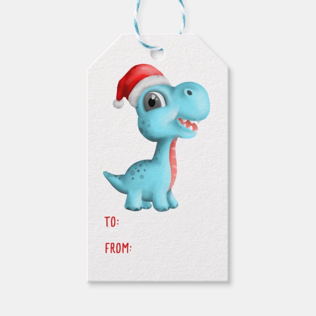 Étiquettes-cadeau Cute Dinosaur Santa Hat Enfants Bleu Rouge Noël (Devant)