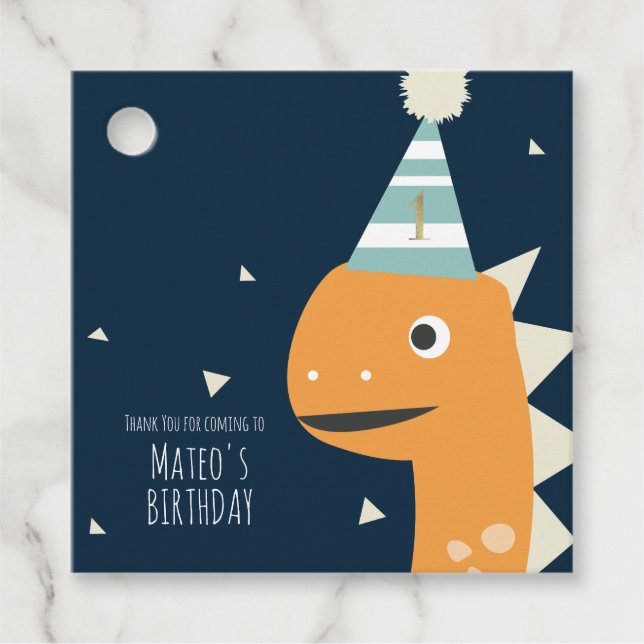 Étiquettes Cadeau Cute Dinosaur Un Premier Anniversaire Faux Gold (Devant)