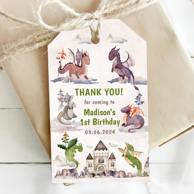 Étiquettes-cadeau Cute Dragon 1ère fête d'anniversaire (Créateur téléchargé)