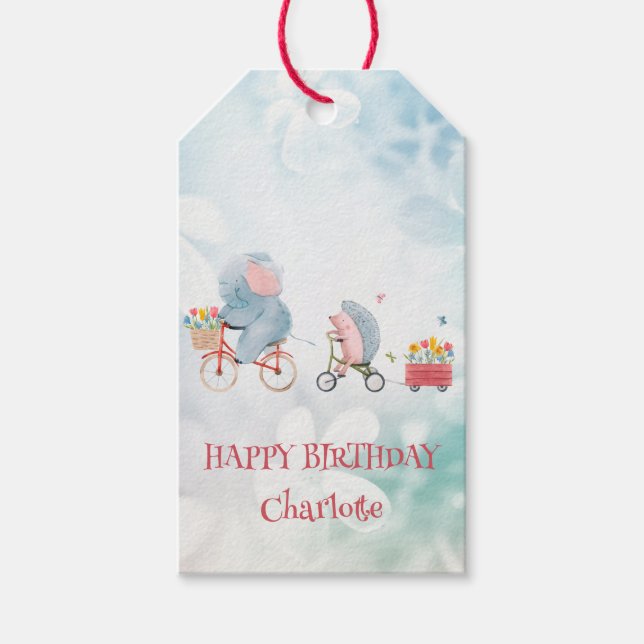 Étiquettes-cadeau Cute Elephant bike Safari jungle fête d'anniversai (Devant)