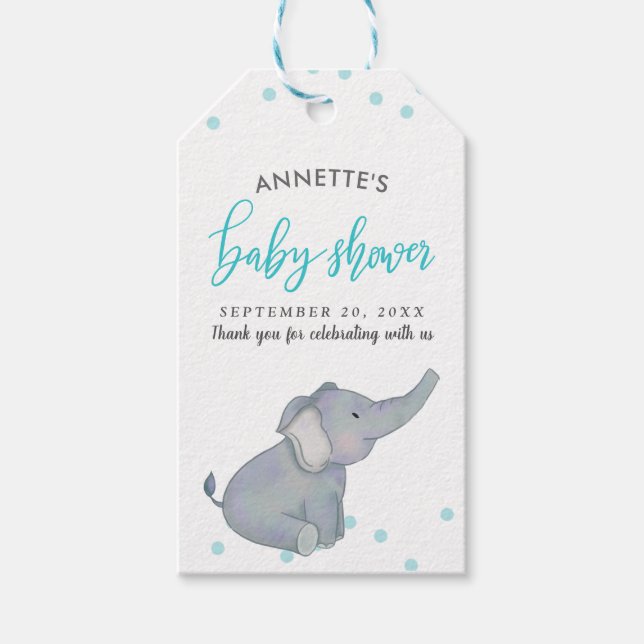 Étiquettes-cadeau Cute Elephant bleu Confetti Baby shower Merci (Devant)
