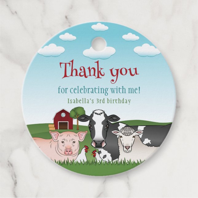 Étiquettes Cadeau Cute Farm Animals Merci pour enfants Anniversaire (Devant)