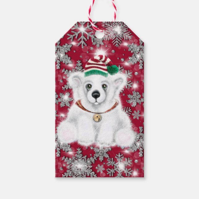 Étiquettes-cadeau Cute festive holiday Polar bear glitter snowflakes (Devant)