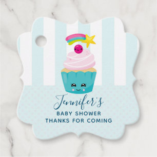 Étiquettes Cadeau Cute gâteau bleu avec Baby shower à visage Kawaii