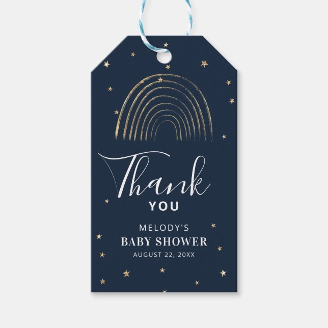 Étiquettes-cadeau Cute Gold Star & Baby shower Rainbow Merci (Devant)