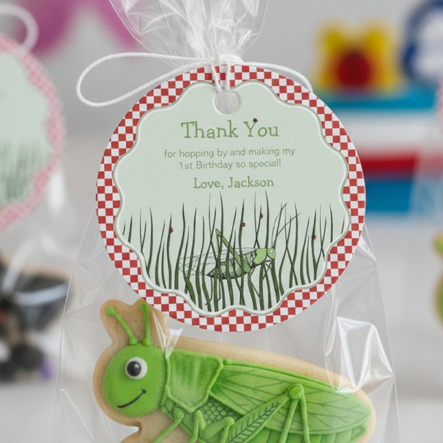 Étiquettes Cadeau Cute Grasshoppers Anniversaire Cercle Merci (Summer Garden Insect Grasshopper Birthday Thank You Favor Tags. Cute Nature Grasshopper Gift Wrap.)