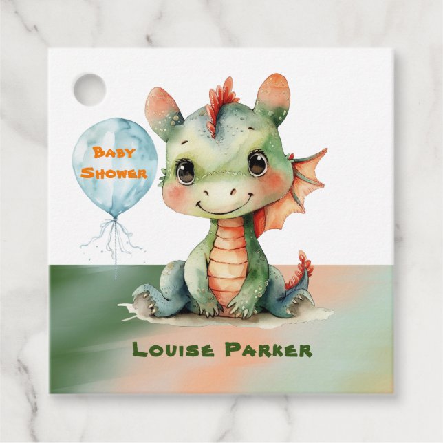 Étiquettes Cadeau Cute Green Orange Dragon Boy Baby shower Merci (Devant)
