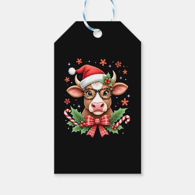 Étiquettes-cadeau Cute Highland Cow Lover Santa Hat Western Christma (Devant)