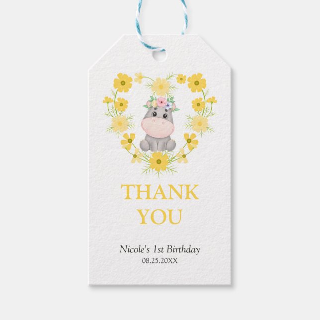 Étiquettes-cadeau Cute Hippo Jaune Fleur Coeur Anniversaire Merci (Devant)