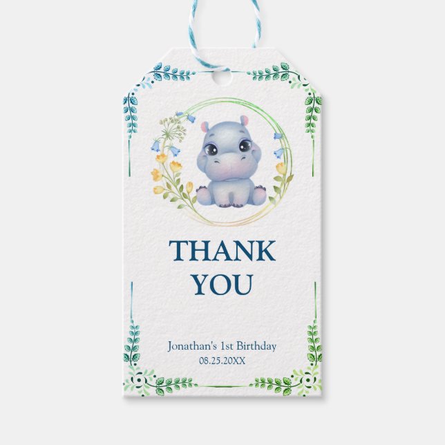 Étiquettes-cadeau Cute Hippopotamus Fleur Wreath Anniversaire Merci (Devant)