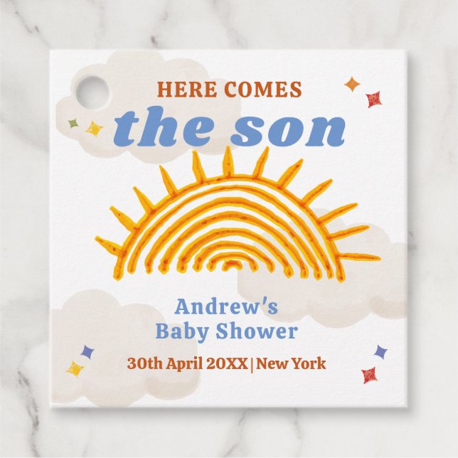 Étiquettes Cadeau Cute Ici Vient Le Baby shower Son Sunshine (Devant)