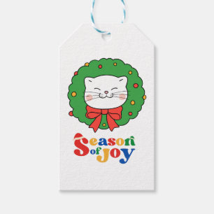 Étiquettes-cadeau Cute Kawaii Chat Noël Wreath Saison de joie
