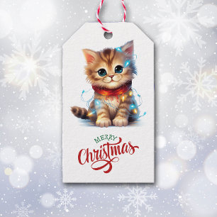 Étiquettes-cadeau Cute Kitten Enveloppé dans les lumières des fêtes