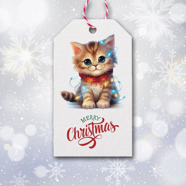 Étiquettes-cadeau Cute Kitten Enveloppé dans les lumières des fêtes (Créateur téléchargé)
