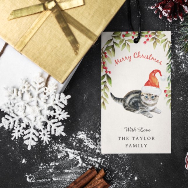 Étiquettes-cadeau Cute Kitten Joyeux Noël Santa Hat Amoureux de les  (Créateur téléchargé)