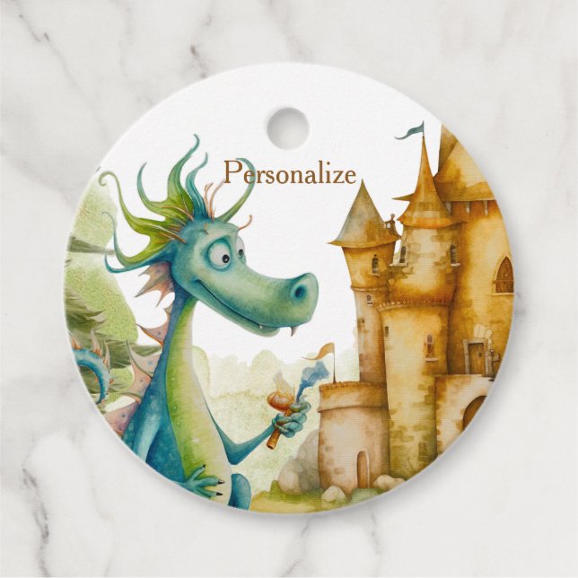 Étiquettes Cadeau Cute Knight Dragon Castle Anniversaire Fête Enfant (Devant)