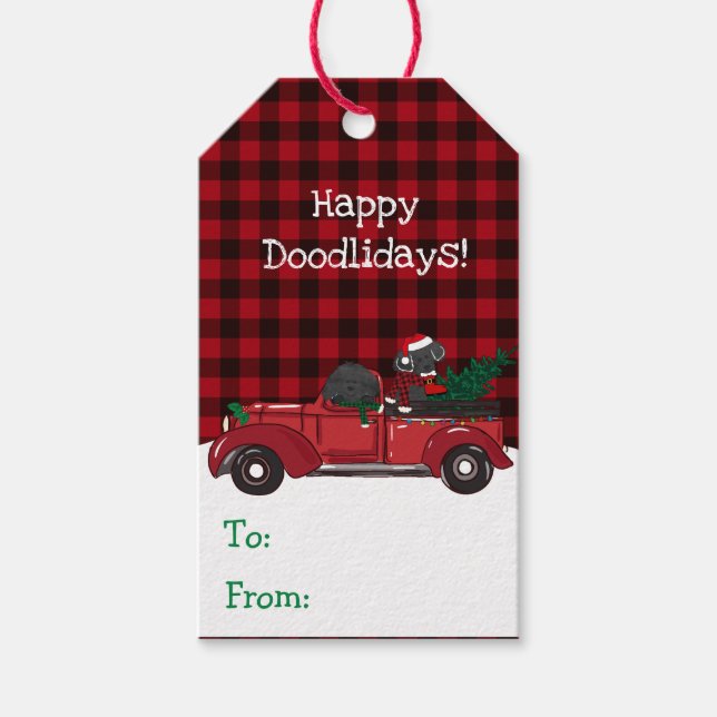 Étiquettes-cadeau Cute Labradoodles Camion de Noël Rouge (Devant)