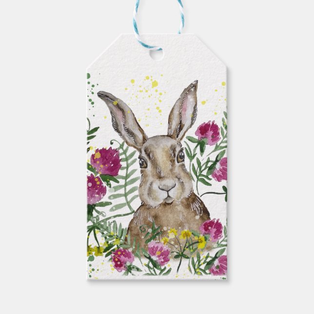 Étiquettes-cadeau Cute lapin en fleurs d'aquarelle (Devant)