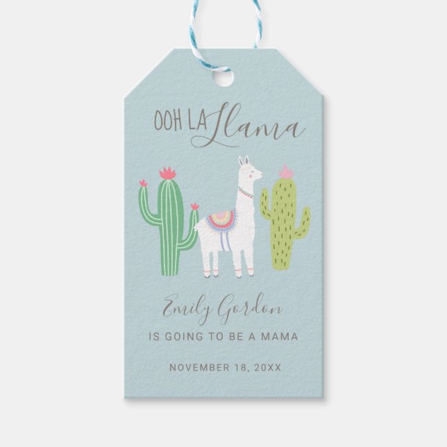 Étiquettes-cadeau Cute Llama Baby shower Succulents Garçon Bleu (Devant)