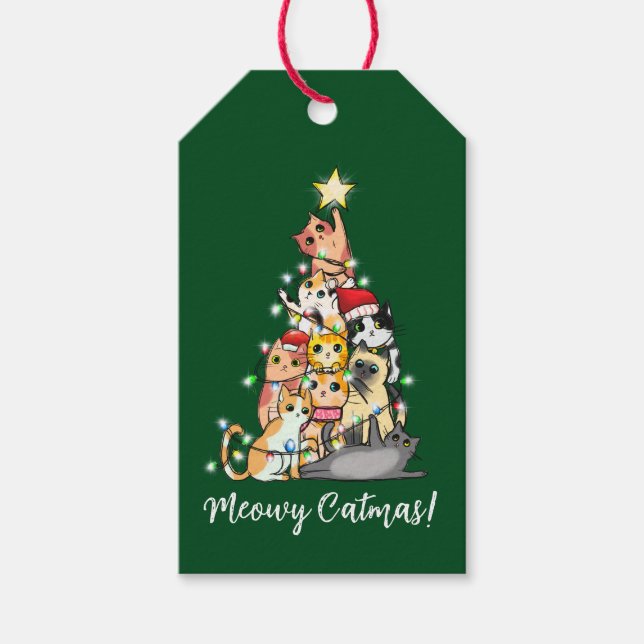 Étiquettes-cadeau Cute Meowy Catmas Chats Noël Arbre Personnalisé (Devant)