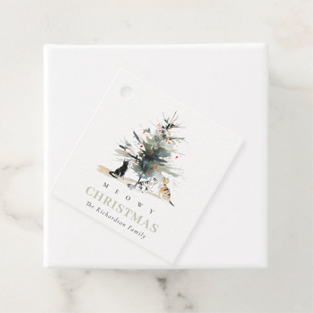 Étiquettes Cadeau Cute Moderne Aquarelle Meowy Arbre de Noël Chats (En situation)