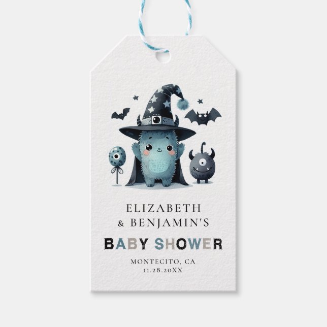 Étiquettes-cadeau Cute Monster Fall Halloween Blue Coed Baby Shower (Devant)