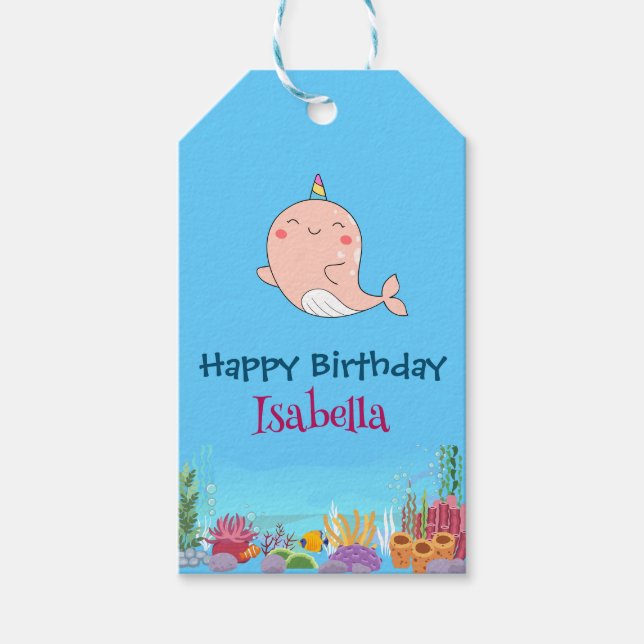 Étiquettes-cadeau Cute Narwhal Fish Unicorn Baleine mer Anniversaire (Devant)