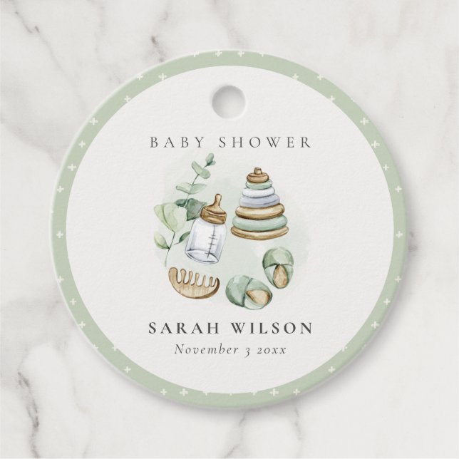 Étiquettes Cadeau Cute Nursery Essential Baby shower vert feuille (Devant)
