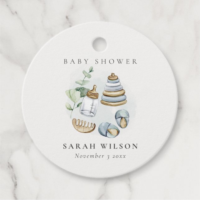 Étiquettes Cadeau Cute Nursery Essential Leafy Blue Boy Baby shower (Devant)