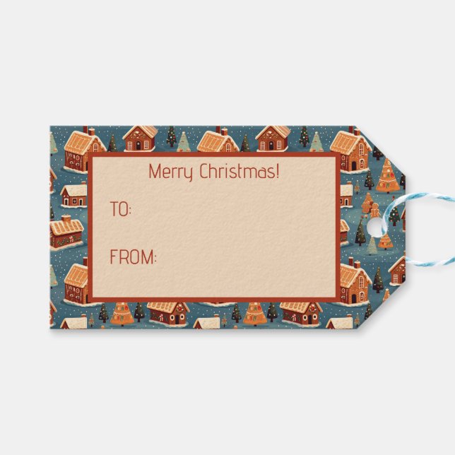 Étiquettes-cadeau Cute pain d'épices Maisons et arbres (Devant (Horizontal))